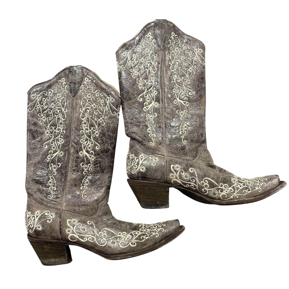 Corral Vintage Boots Womens Size 9 Brown Leather Embroidered Western Floral